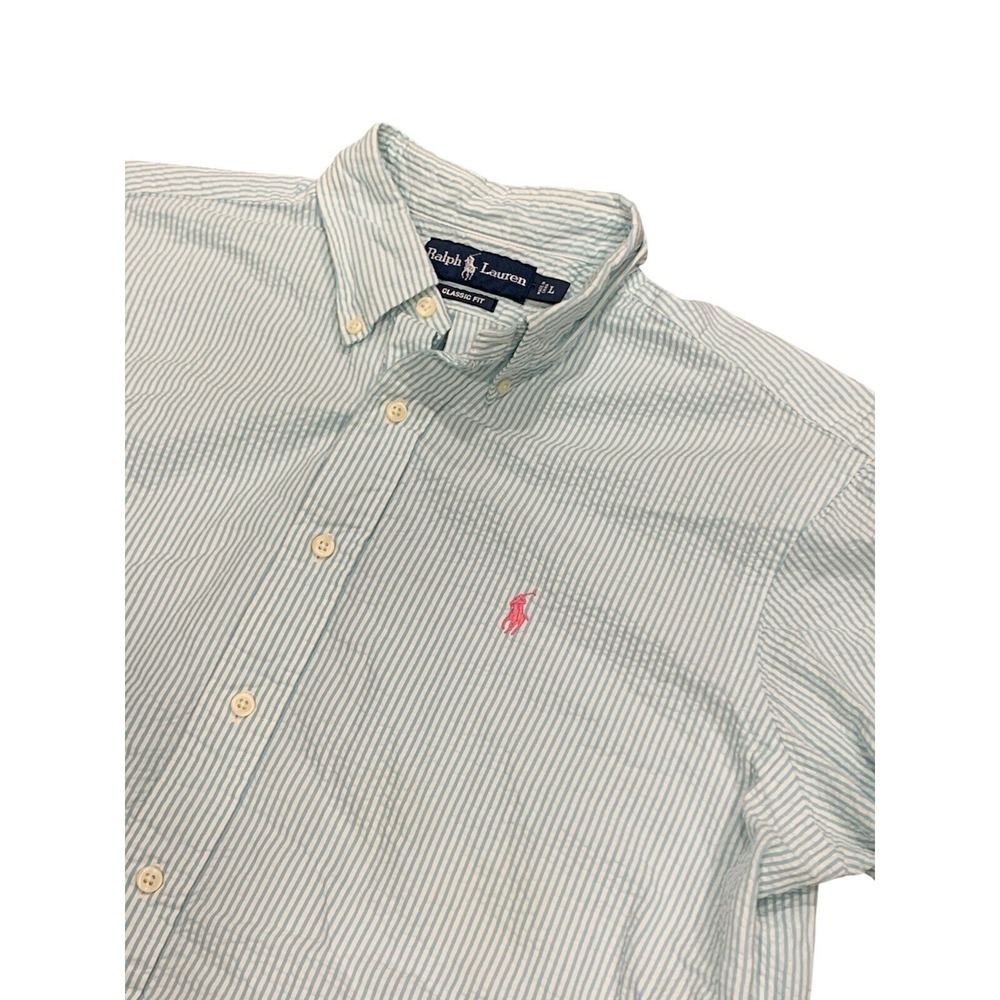 Ralph Lauren Mens Classic Fit Seersucker Shirt Blue White Stripe Short Sleeve L